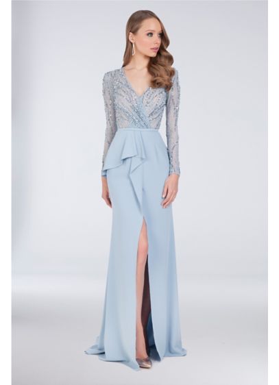 Beaded Bodice Sheath Gown with Asymmetric Peplum | David's Bridal